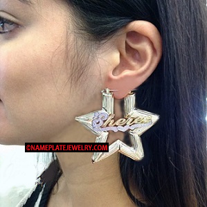 14K Gold Overlay Star bamboo earrings- 2.5" or 3" any name earring/